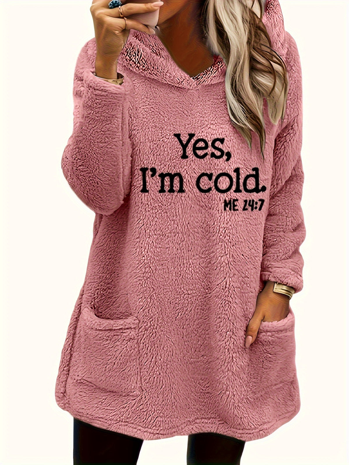 Women's "Yes I'm Cold" Printed Teddy Bear Hooded Sweatshirt - 100% Polyester Relaxed Fit Long Sleeve Pullover with Double Pockets, Cozy Fleece-Lined Casual Winter Top for Fall & Winter - pink