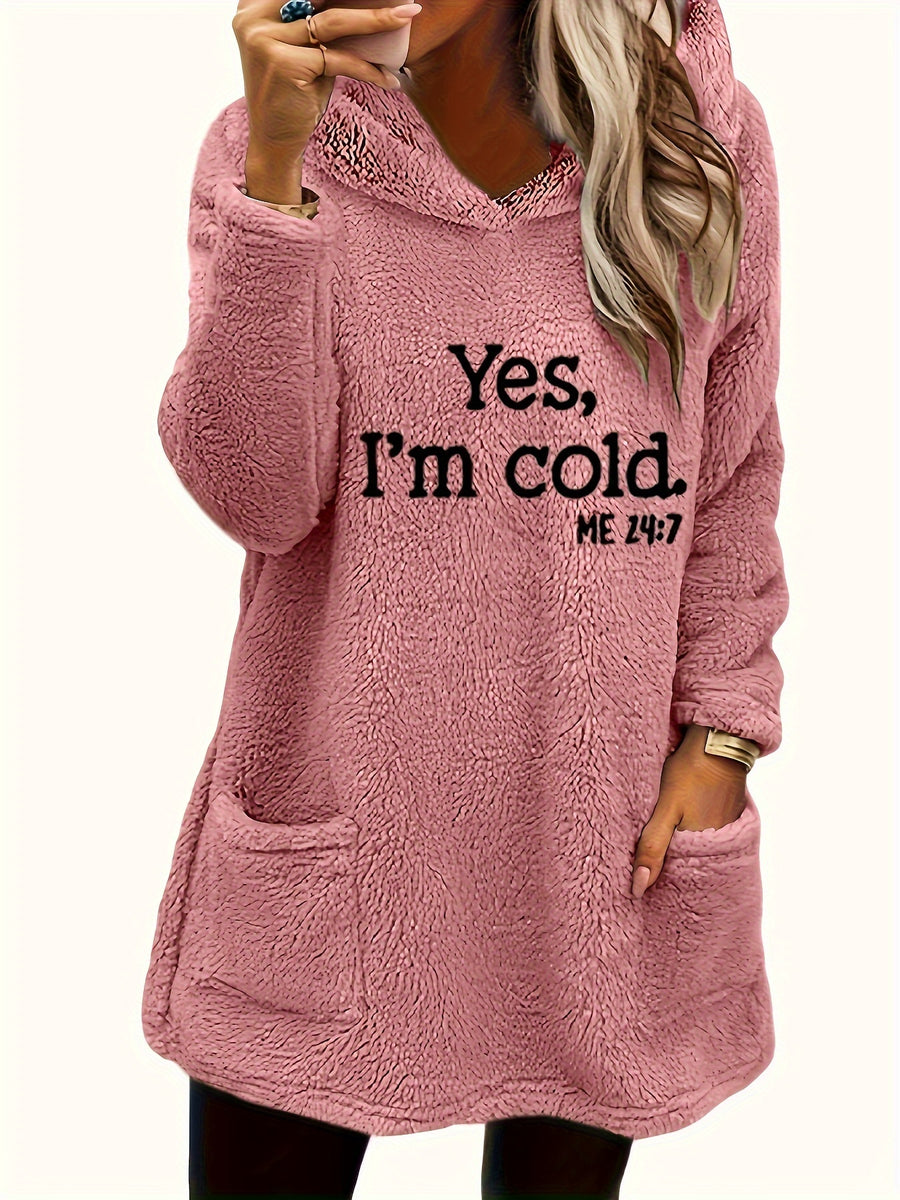 Women's "Yes I'm Cold" Printed Teddy Bear Hooded Sweatshirt - 100% Polyester Relaxed Fit Long Sleeve Pullover with Double Pockets, Cozy Fleece-Lined Casual Winter Top for Fall & Winter - pink