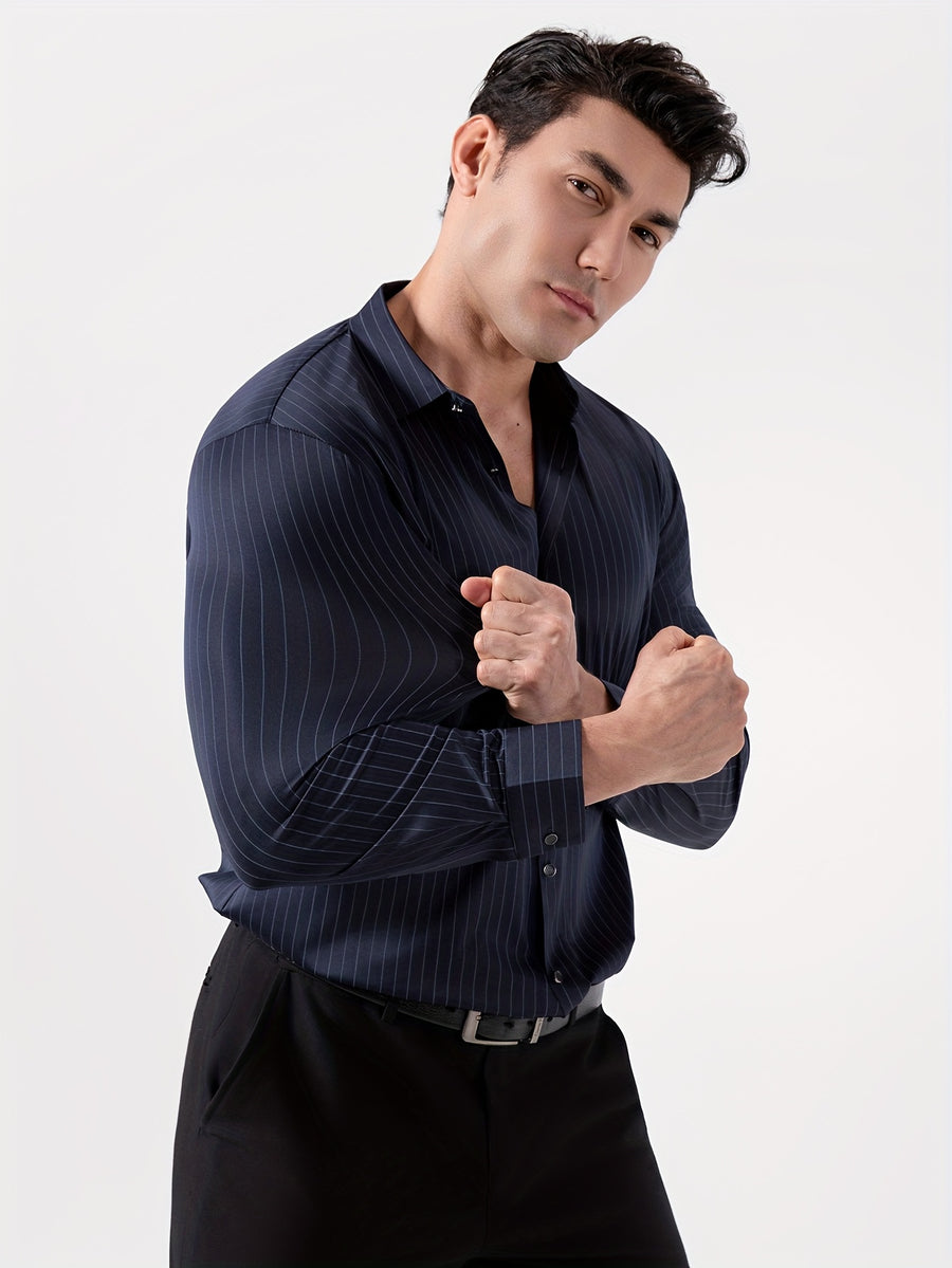 Seamless High-Elasticity Pressed Hem Wrinkle-Free Men's Long-Sleeve Striped Fashion Casual High-End Button-Up Cardigan Four-Way Stretch Men's Top, Fabric Weight 160g, Material 88% Polyester Fiber 12% Spandex - Navy Blue Strips