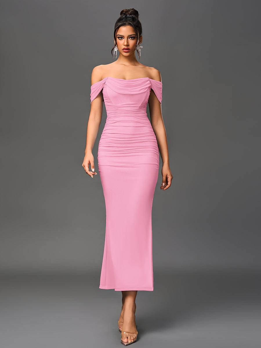 Women's Elegant Off-the-Shoulder mermaid gown - Formal party wedding long dress, Stretchy Bodycon fit, Non-Transparent Party Evening Gown for Women, Formal Attire, Highelasticity Fabric, Special Occasion Dress, High Elasticity Material, Formal Dress - pink color