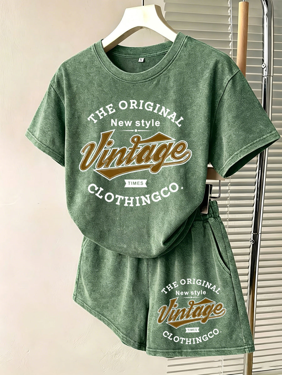 Summer Autumn Fashion Distressed Washed Short Sleeve Shorts with Drawstring Casual Women'S Set, Comfortable for Hot Weather, Classic Silhouette, Relaxed Fit, Casual Home And Outing Two-Piece Set - Green