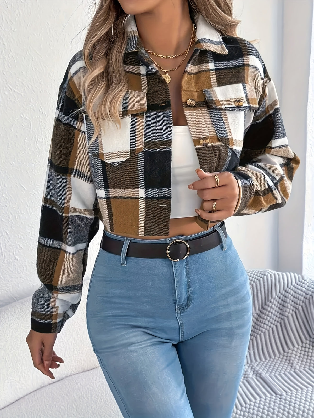 Brown Large Plaid Short Casual Shirt Long Sleeves Suitable for Daily Wear And Dates - Dark Brown