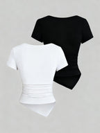Spring And Summer Women'S Casual Two-Piece Set Featuring a Easy And Stylish T-Shirt - White + Black