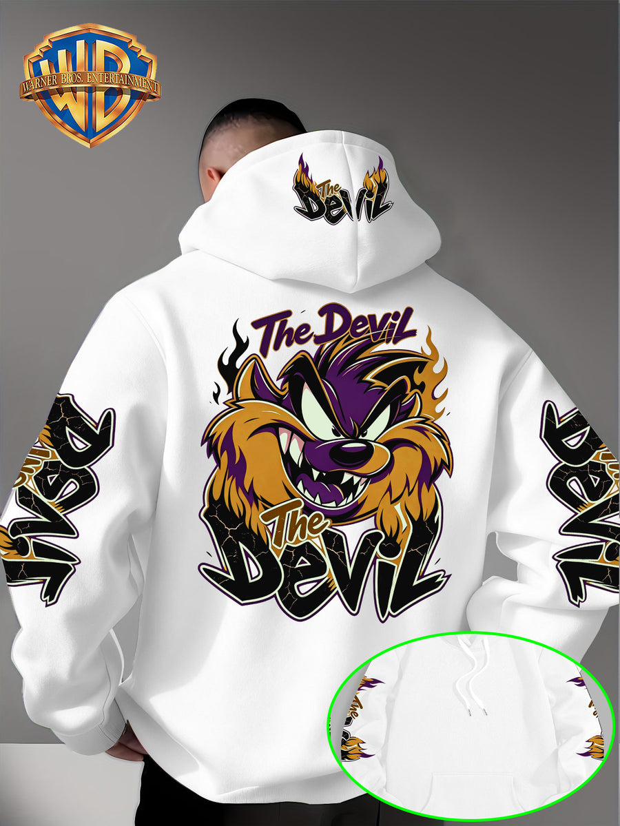 Le Yitong Big Mouth Monster The Devil Flame Print Hooded Sweatshirt, with Sleeve Print Design, Kangaroo Pouch And Drawstring Hood, Suitable for Autumn/Winter Casual Wear And Outdoor Activities - White