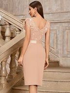 Women's Elegant Sequin Lace Petal Sleeve Double V Neck Ruched Trim Slit Hem Slim Party Dress - Champagne