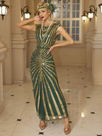 1920 Vintage Sequin Gatsby Ball Fringe Short Sleeve Dress, Party Banquet Dance Dress with Beaded Sequins, Toast Gown, In Stock - Golden Green