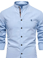 Men's Lapel Collar Long-sleeved Shirt, High-quality Solid Color Business Casual Top, Suitable for Spring and Autumn - Sky Blue