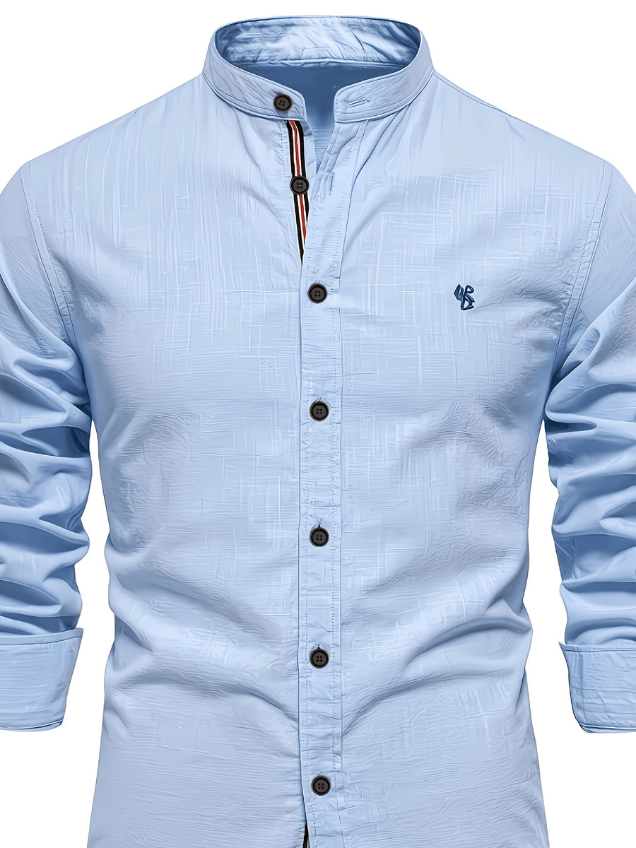 Men's Lapel Collar Long-sleeved Shirt, High-quality Solid Color Business Casual Top, Suitable for Spring and Autumn - Sky Blue