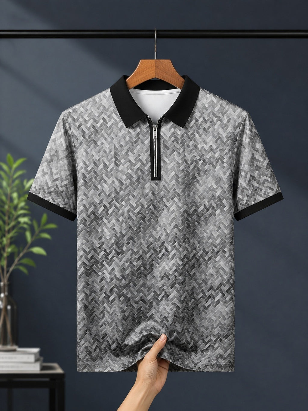 Men's Short Sleeve Zip Polo Shirt, Gradient Herringbone Geometric Pattern, Digital Print, Contrast Polo Collar Zip Placket, Polyester, Casual, Daily Commuting Weekend Leisure, Spring and Summer - Mixed colors