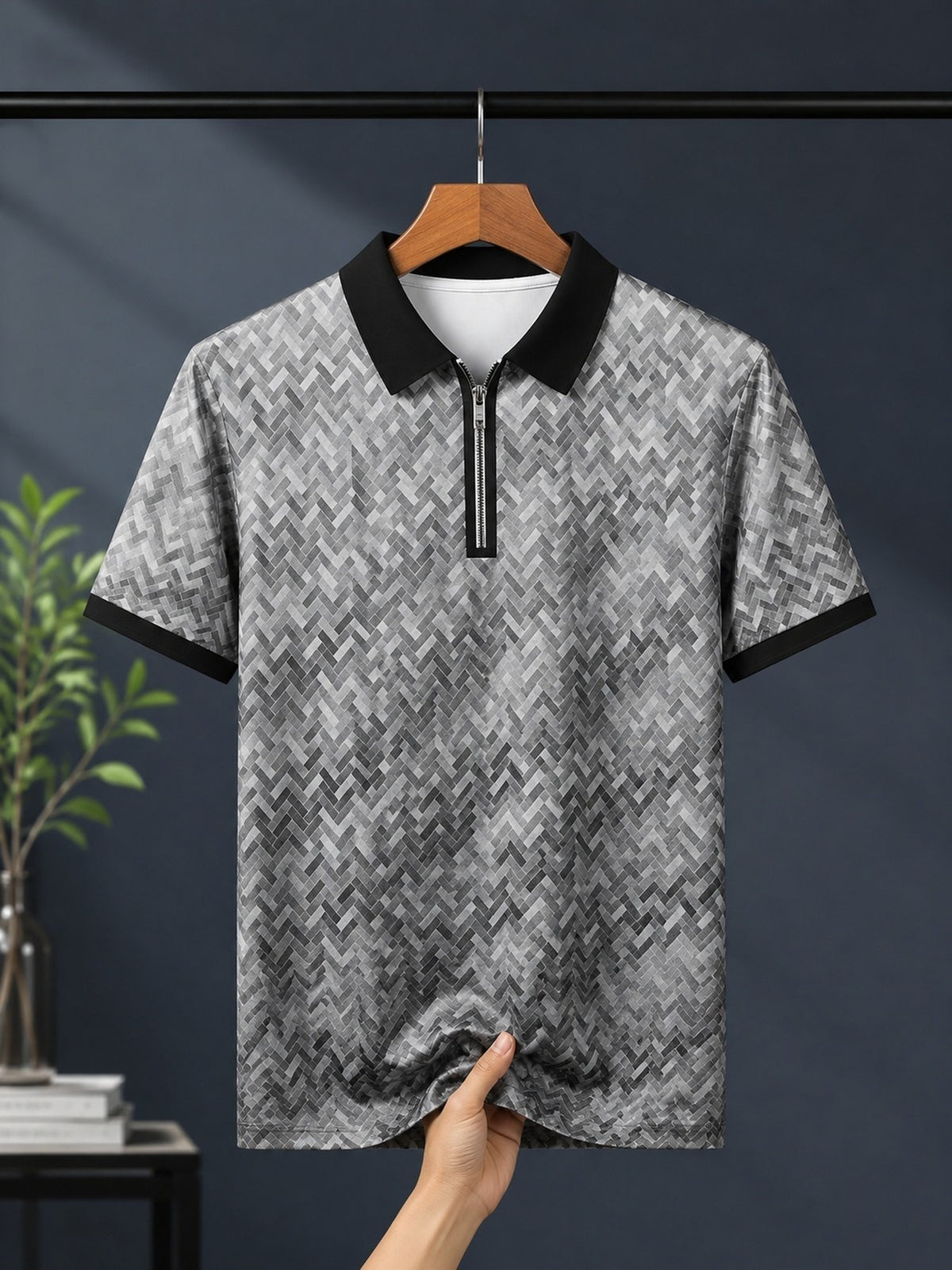 Men's Short Sleeve Zip Polo Shirt, Gradient Herringbone Geometric Pattern, Digital Print, Contrast Polo Collar Zip Placket, Polyester, Casual, Daily Commuting Weekend Leisure, Spring and Summer - Mixed colors