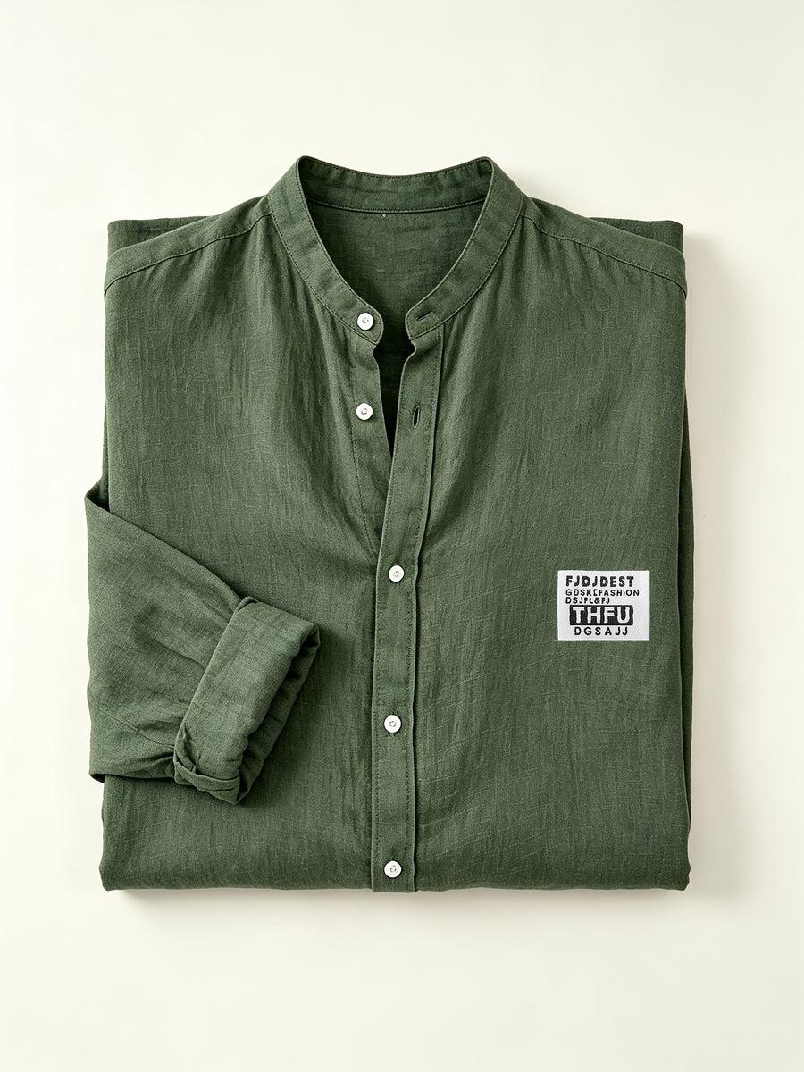Men's Linen Long-sleeve Shirt, Small Stand-up Collar Button- Casual Shirt, Solid Color Simple and Versatile Style, Suitable for Spring and Autumn Outdoor Activities, Travel and Vacation, and Daily Commuting Wear - Olive Green
