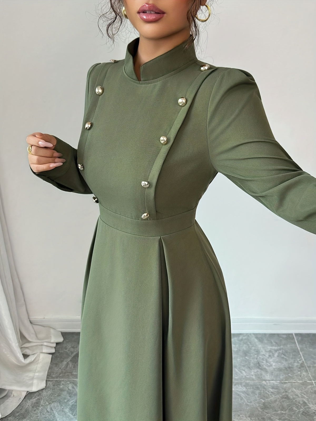Women's Spring and Autumn Elegant Commuter Fashion Double-Breasted Decorative Long Sleeve Waist-Cinching Long Dress - olive drab
