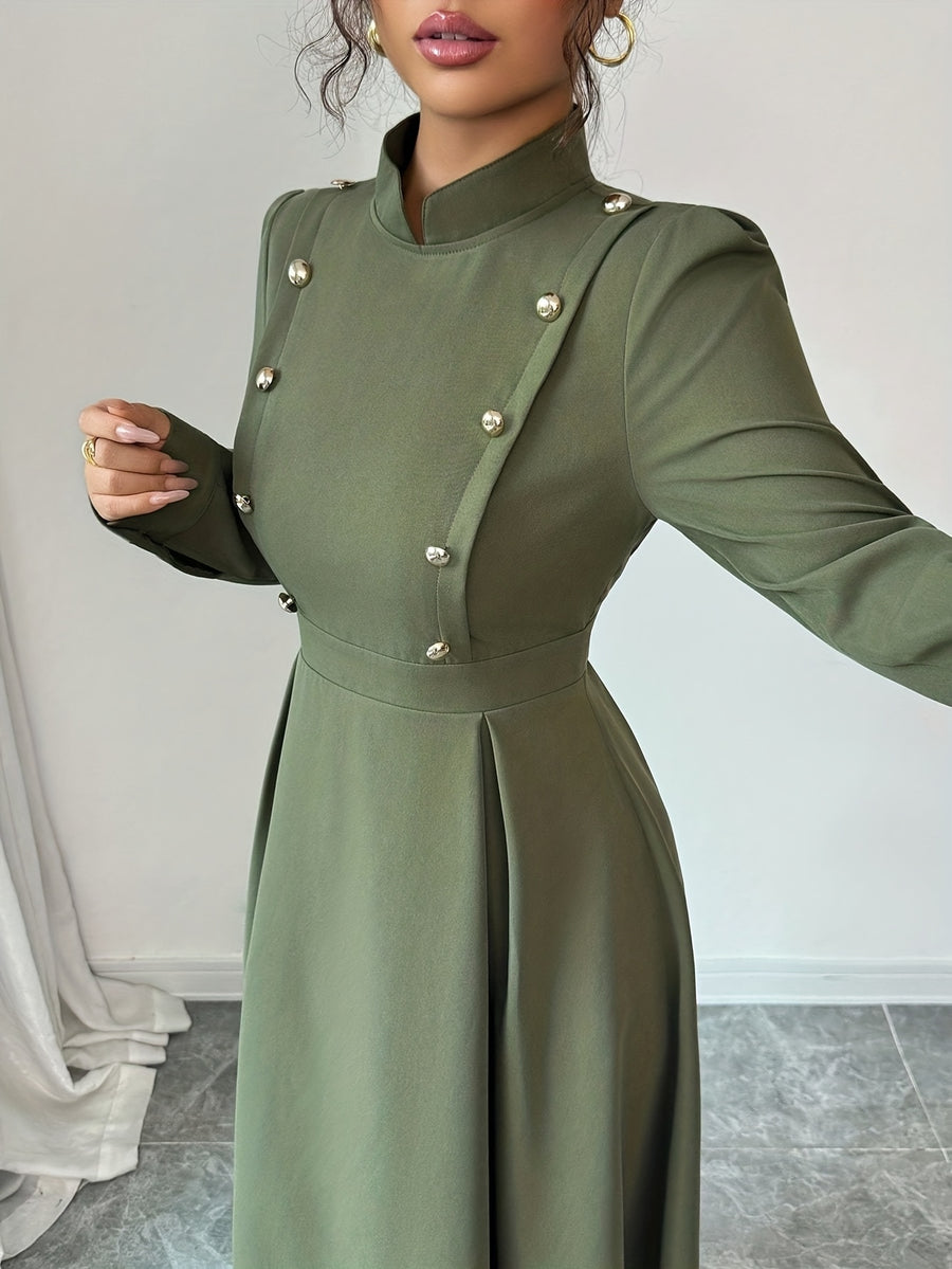 Women's Spring and Autumn Elegant Commuter Fashion Double-Breasted Decorative Long Sleeve Waist-Cinching Long Dress - olive drab