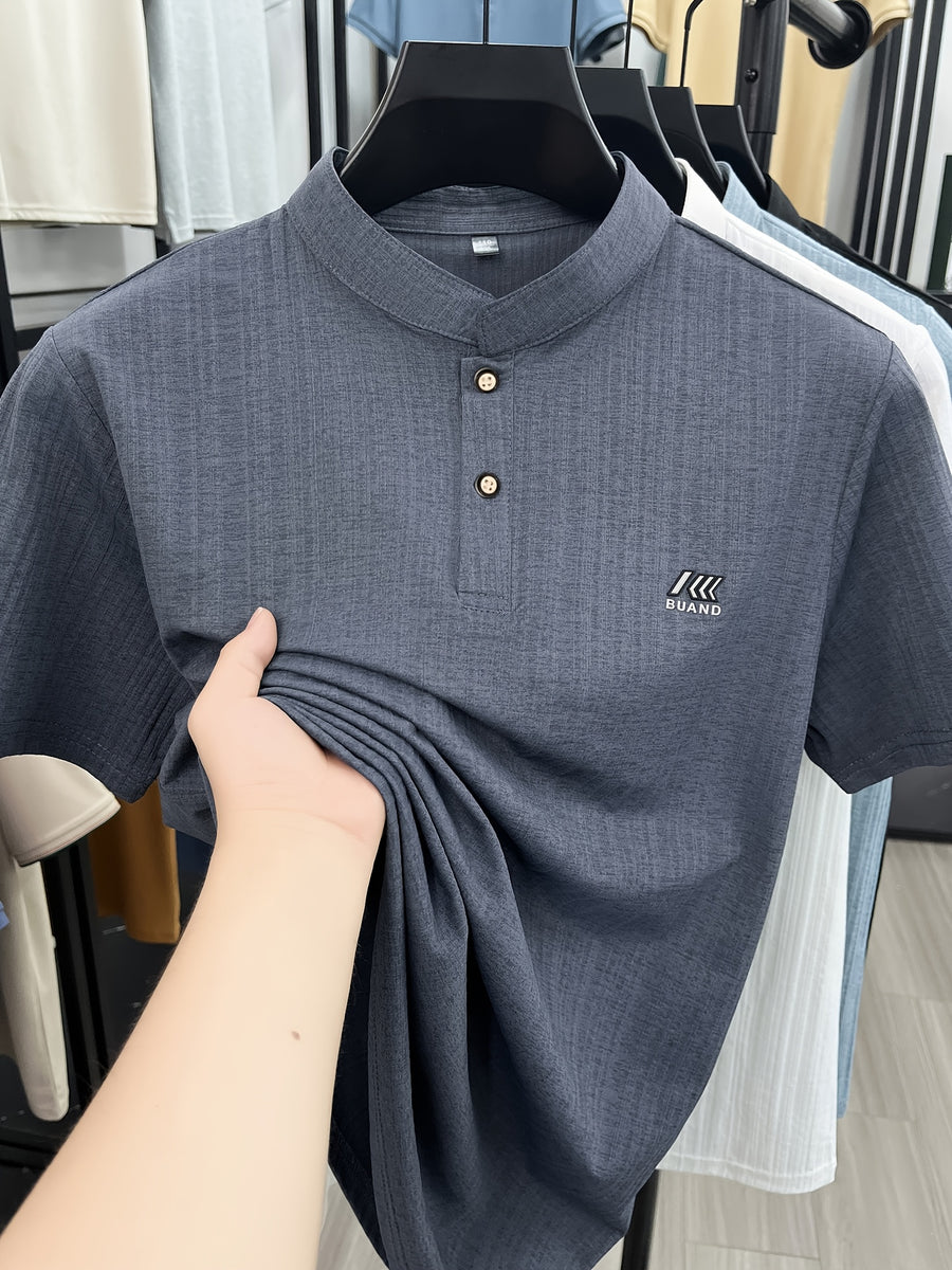 [Slight Stretch | Size up for Loose Fit] New Spring/Summer Men's Henry Shirt, Solid Color Half-Open Placket Single-Breasted Stand Collar Short Sleeve T-Shirt, Men's Business Casual Fashionable Breathable Versatile Polo Shirt, Chest Print Basic Tee - Grey