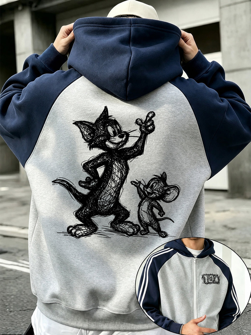 Officially Licensed by Warner Bros., This New Men'S Fashion Hoodie Features a Color-Block Design with a Printed Pattern of Playful, Sketchy Illustrations. It Is a Zipped Hooded Jacket for Autumn And Winter, with a Relaxed Fit And Comfortable Fabric - Grey-blue