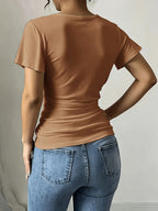 Women'S Spring Summer Casual V-Neck Solid Color Commuter T-Shirt - Khaki