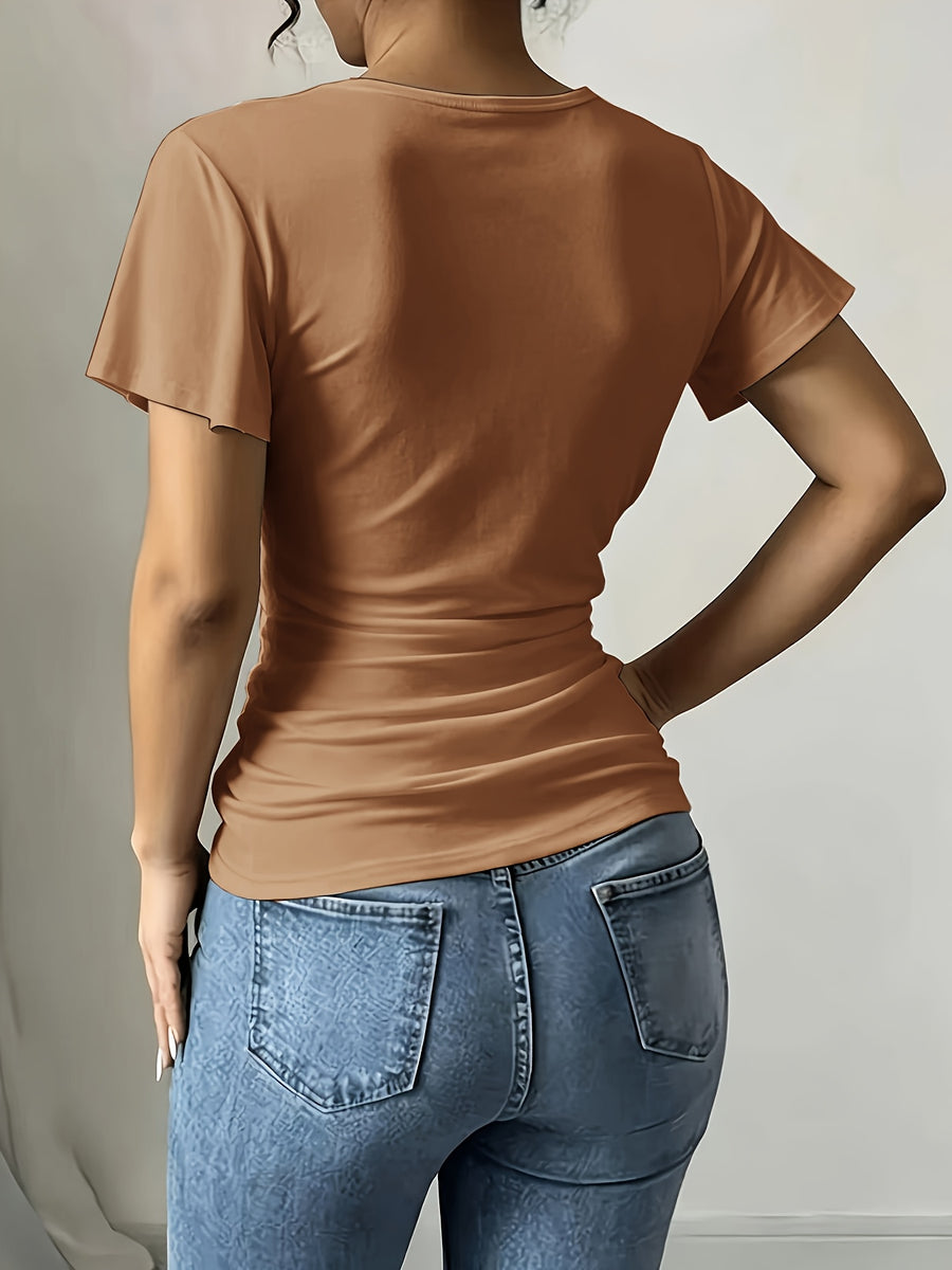 Women'S Spring Summer Casual V-Neck Solid Color Commuter T-Shirt - Khaki
