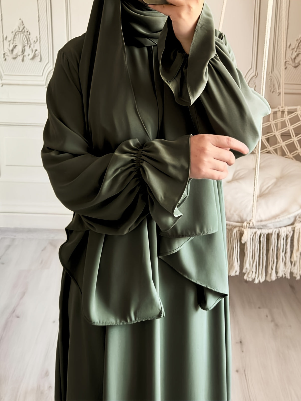 1pc Fashionable, Elegant And Casual One-Piece Solid-Colored Bellows Sleeve Suitable for Daily Wear. Loose And Comfortable Women'S Abaya Robe - Military Green