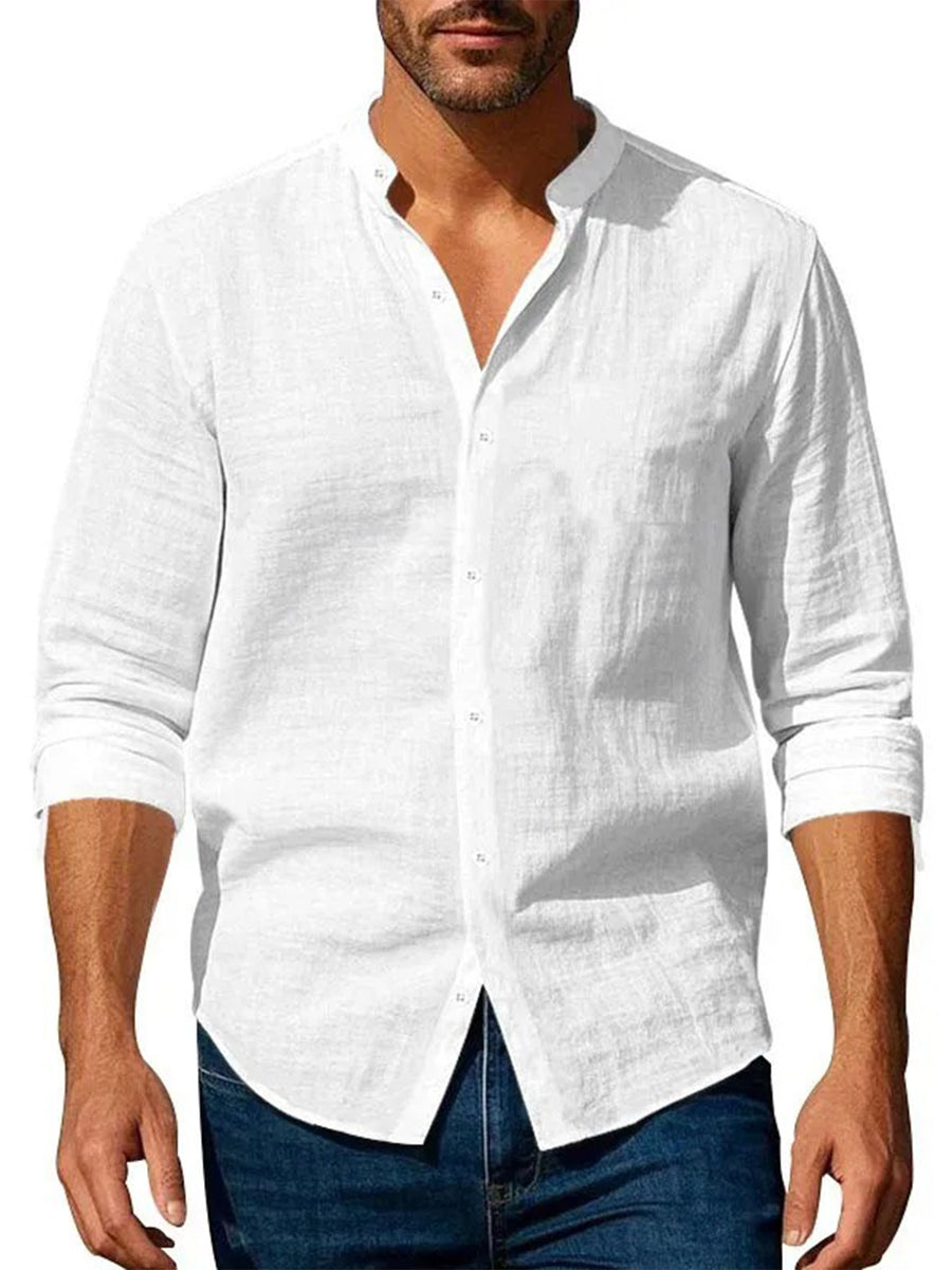 Men'S Casual Shirt Spring Summer Solid Color Dress Shirt Stand Collar Casual Lightweight Shirt Men'S Top - White