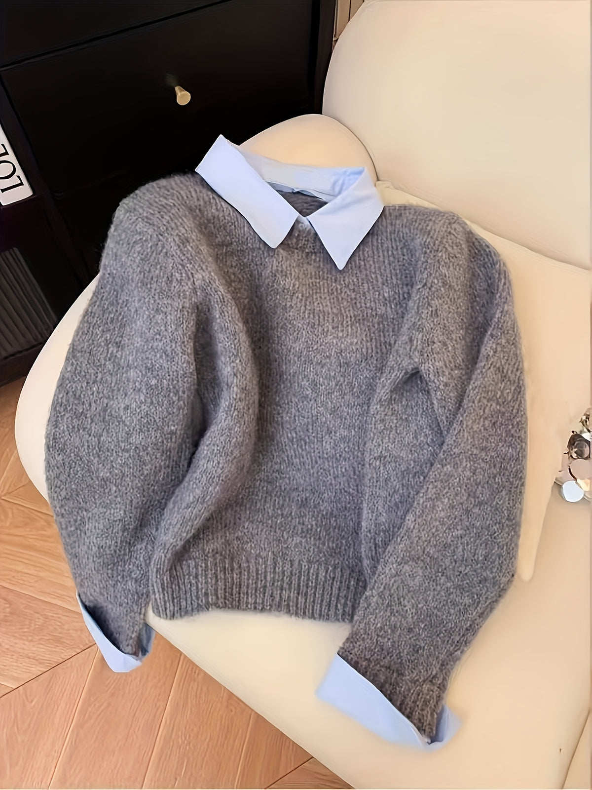 New Women's Autumn 2-in-1 Look Shirt Collar Top Sweater Layer Lazy Style Contrast Collar Gray Sweater - Grey