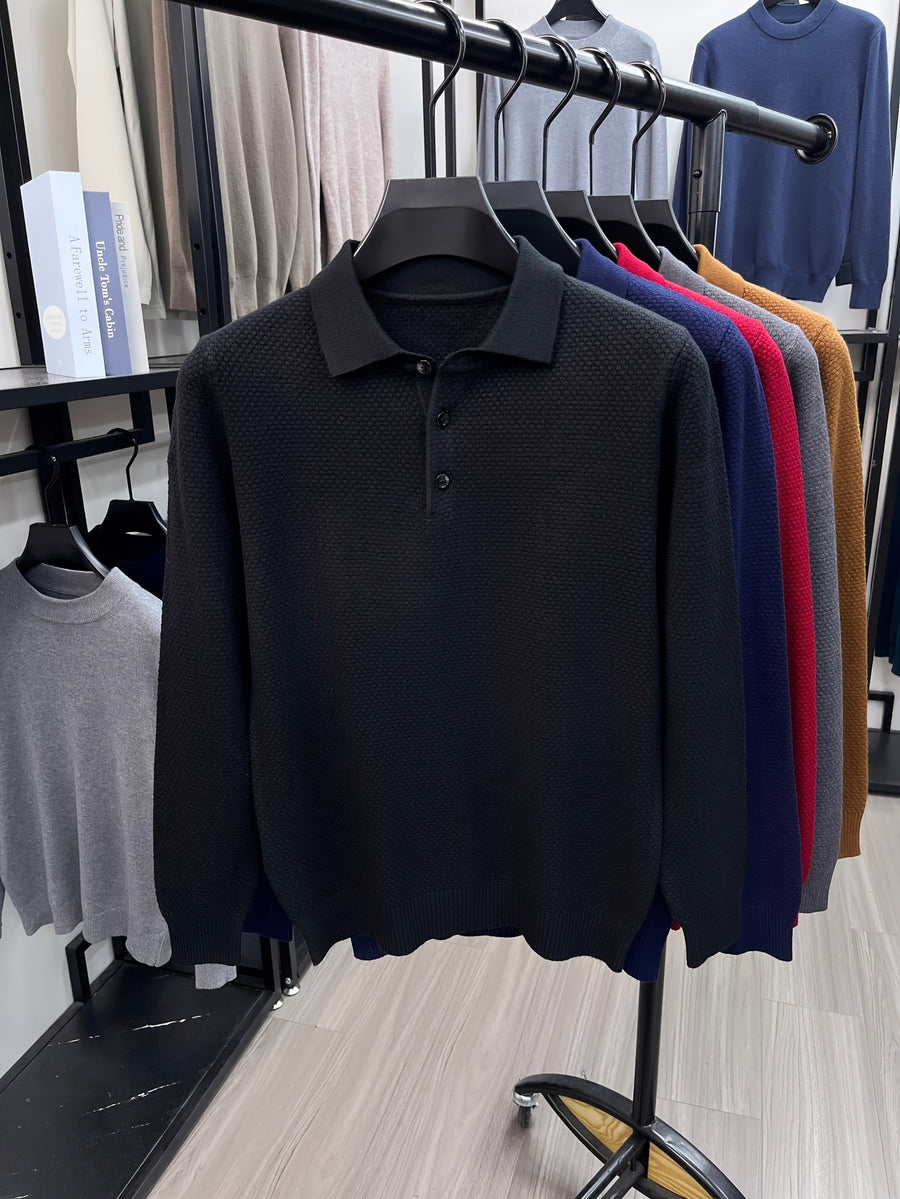 Autumn Men'S Long Sleeve T-Shirt Long Sleeve Pineapple Needle Lapel Business Casual Solid Color POLO Shirt - Black