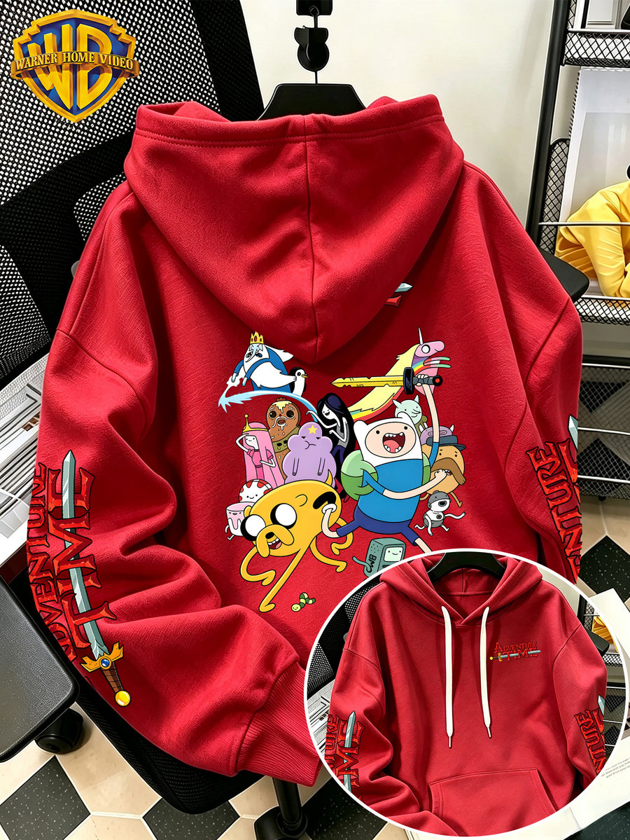 Adventure Time Full Character Cartoon Print Hooded Sweatshirt - Men'S Casual All-Match Pullover, Comfortable Fall/Winter Wear for Sports, Outdoors, Picnics, Travel, Daily/Commute/Home, Perfect Gift for Lovers And Friends - Unisex - Red