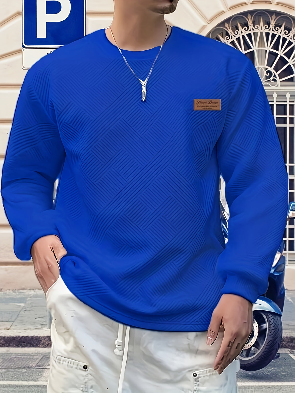 Men's Gift, Men's Fashion Heavyweight Jacquard Crew Neck Long Sleeve Sweatshirt, Casual and Comfortable Top for Spring and Autumn, Daily Outings - Blue