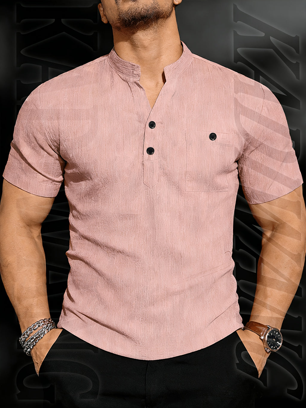 Henley Shirt Men's High-Quality Summer Short-Sleeve Henley T-Shirt - Men's Top, Old Money Style, Suitable for Golf Attire, Outdoor Camping, Fishing, and Daily Casual Wear - Pink Color