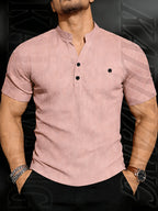 Henley Shirt Men's High-Quality Summer Short-Sleeve Henley T-Shirt - Men's Top, Old Money Style, Suitable for Golf Attire, Outdoor Camping, Fishing, and Daily Casual Wear - Pink Color