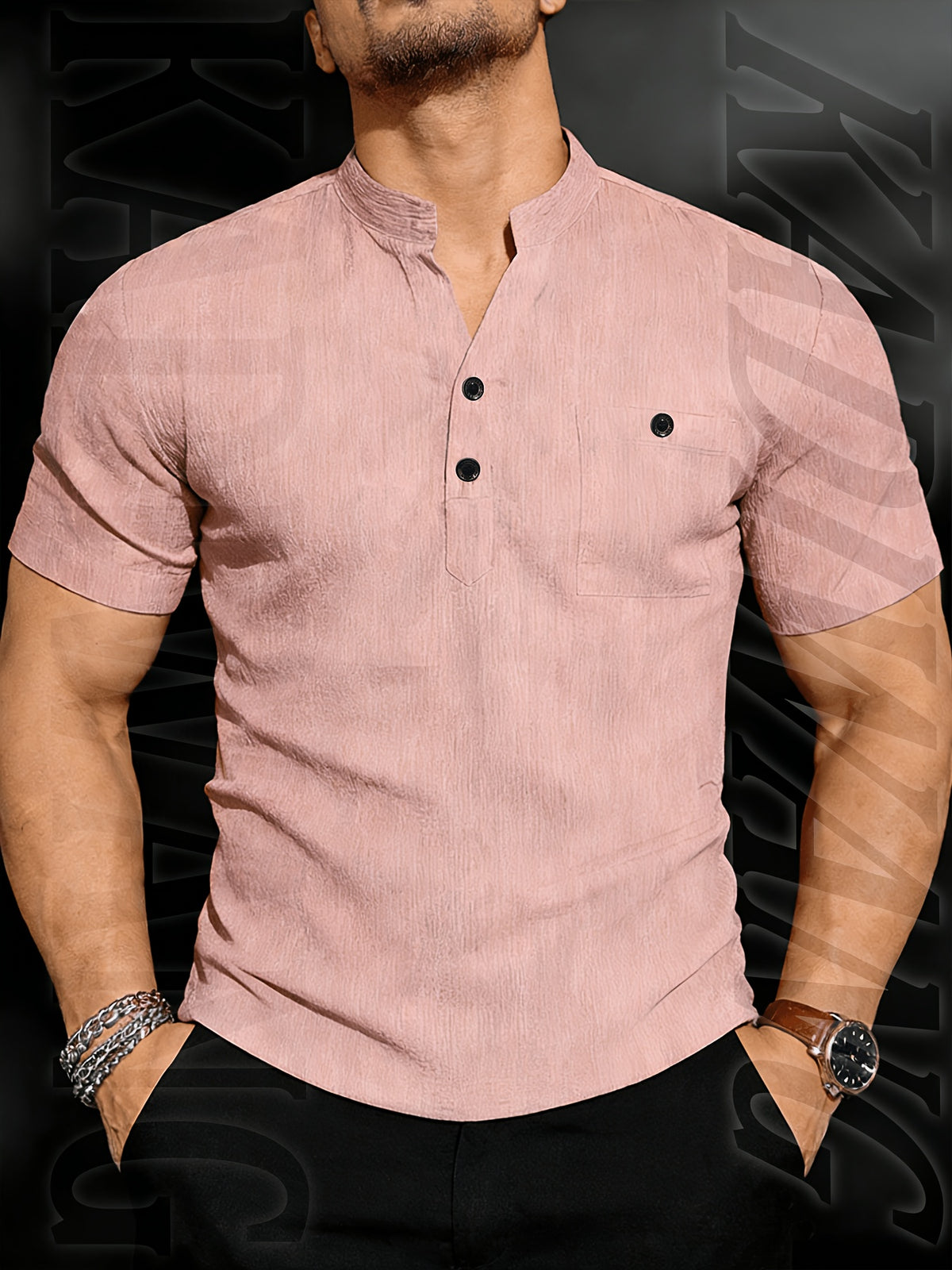 Henley Shirt Men's High-Quality Summer Short-Sleeve Henley T-Shirt - Men's Top, Old Money Style, Suitable for Golf Attire, Outdoor Camping, Fishing, and Daily Casual Wear - Pink Color