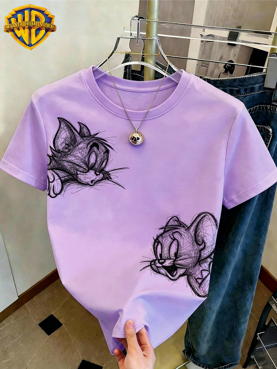 WB Women's Warner Bros. Licensed Two-Cartoon T-Shirt - Messy Sketch Line Print Crew Neck Short-Sleeve Top with Iconic WB Suitable for Casual Daily Wear,, Office & Outfits - Violet