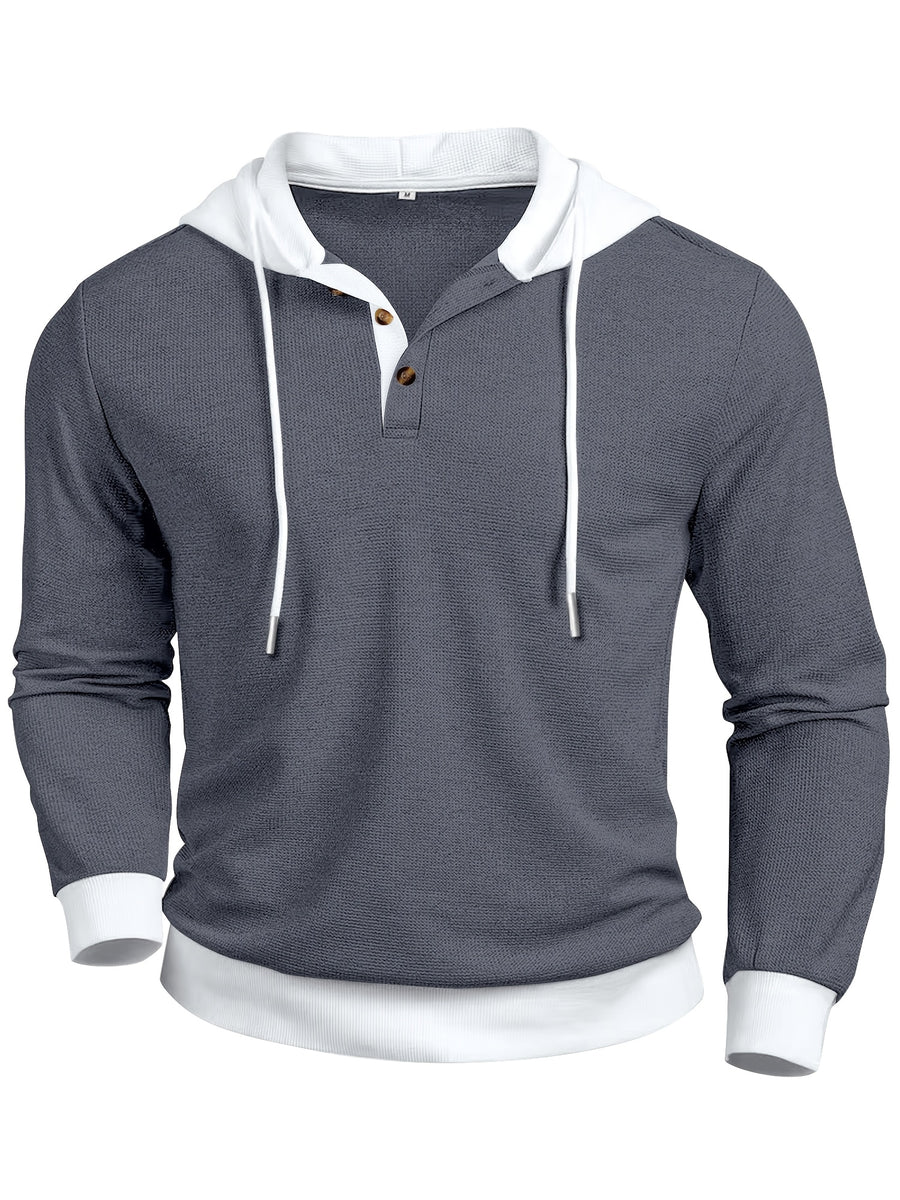 Men'S Casual Sweater Long-Sleeve Outdoor Stitching Hooded Contrast Color Half-Open Placket Design Fashionable Spring And Autumn Henry Hoodie - Navy Color