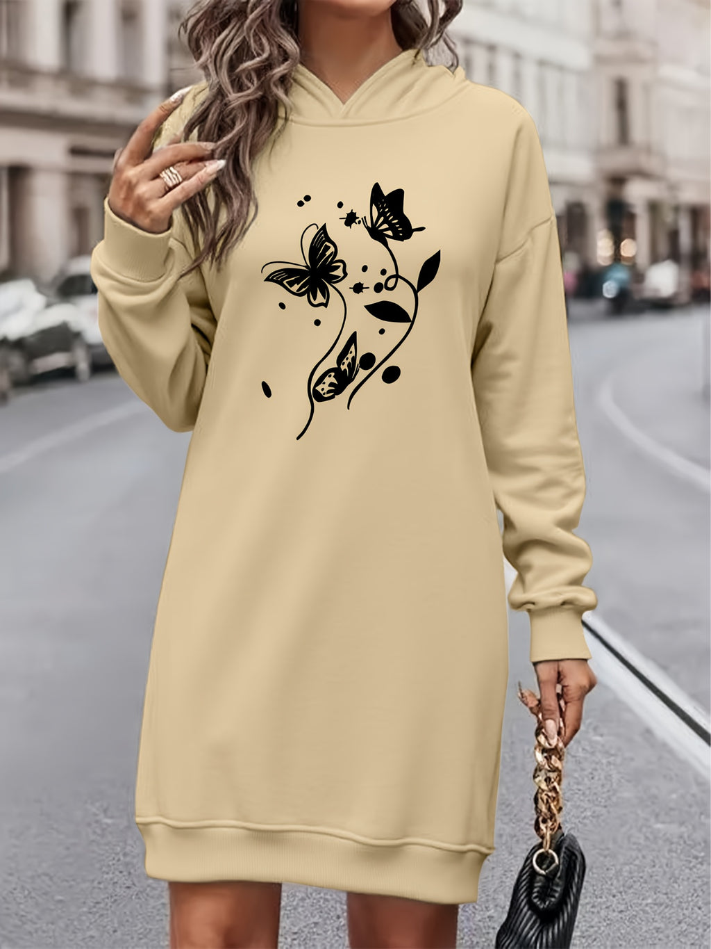 Women's Fashion Y Letter Print Hooded Sweatshirt Dress, Autumn/Winter High-End Stylish Streetwear Youthful -Lined Color-Block Hooded Sweatshirt, Casual Versatile Hoodie, Outerwear, Pullover, Long Sweatshirt, Elegant - Apricot