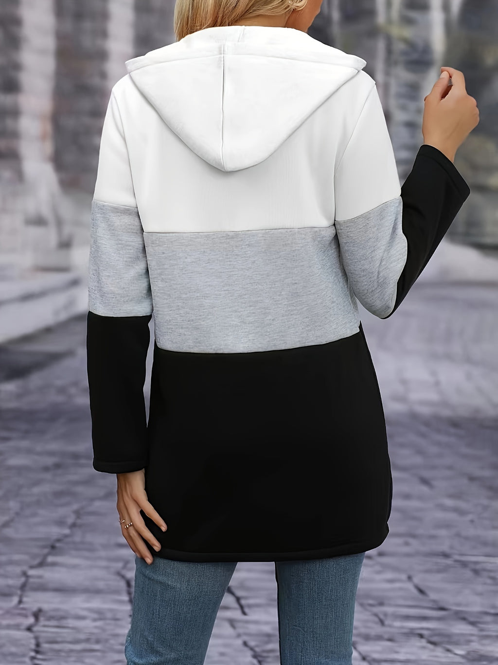 Women's Elegant Contrast Color Fleece Thickened Hooded Cardigan - Full Zip Hooded Jacket Full-Length Zip Closure, Pink/Gray/Black - Contrast Color Design, Machine Washable Autumn Winter Sweater, Soft Texture, Warm Outerwear for Autumn Winter, Office - White