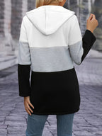 Women's Elegant Contrast Color Fleece Thickened Hooded Cardigan - Full Zip Hooded Jacket Full-Length Zip Closure, Pink/Gray/Black - Contrast Color Design, Machine Washable Autumn Winter Sweater, Soft Texture, Warm Outerwear for Autumn Winter, Office - White