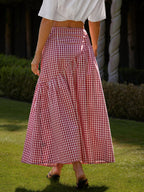 Red and White Plaid Irregular Ruffle Hem Midi Skirt, Summer Fashion Maxi Skirt, Vintage Casual Plaid Skirt for Leisure and Daily Wear - Red