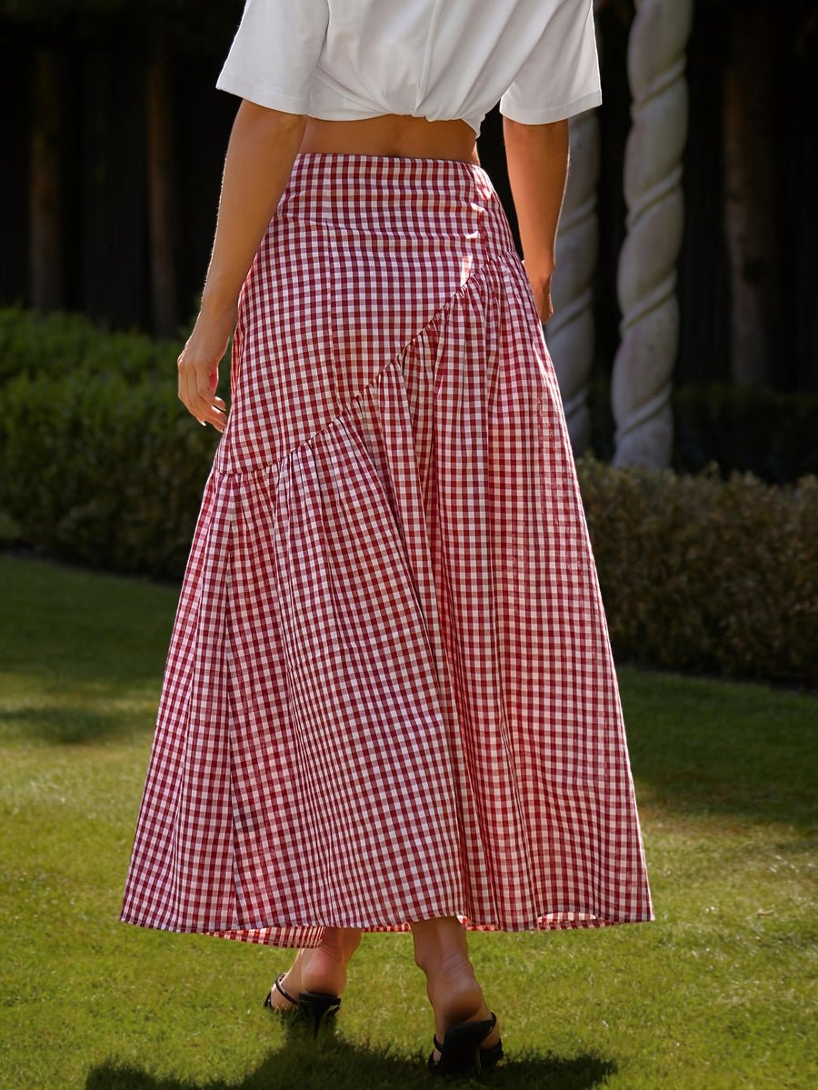 Red and White Plaid Irregular Ruffle Hem Midi Skirt, Summer Fashion Maxi Skirt, Vintage Casual Plaid Skirt for Leisure and Daily Wear - Red