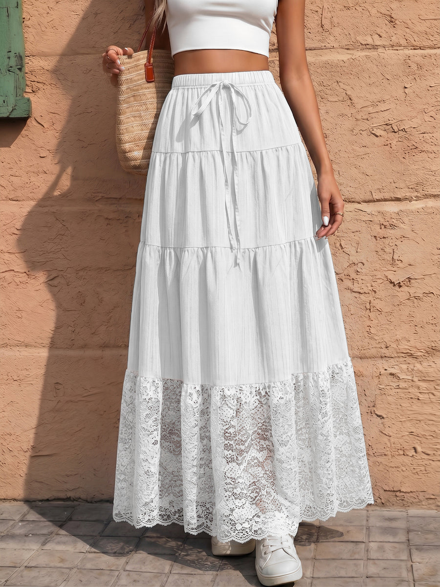 Spring/Summer Solid-Color Drawstring-Detail Cake-Style Long Skirt with Lace Panel Design Perfect for Vacations Casual Wear and Commuting - White