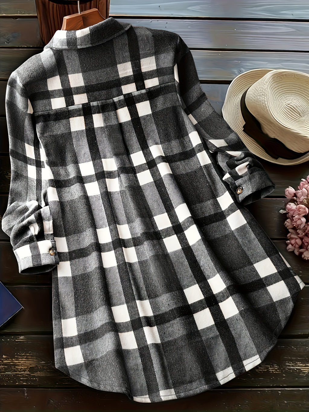Fashion Women's Plaid Casual Shirt Jacket - Black