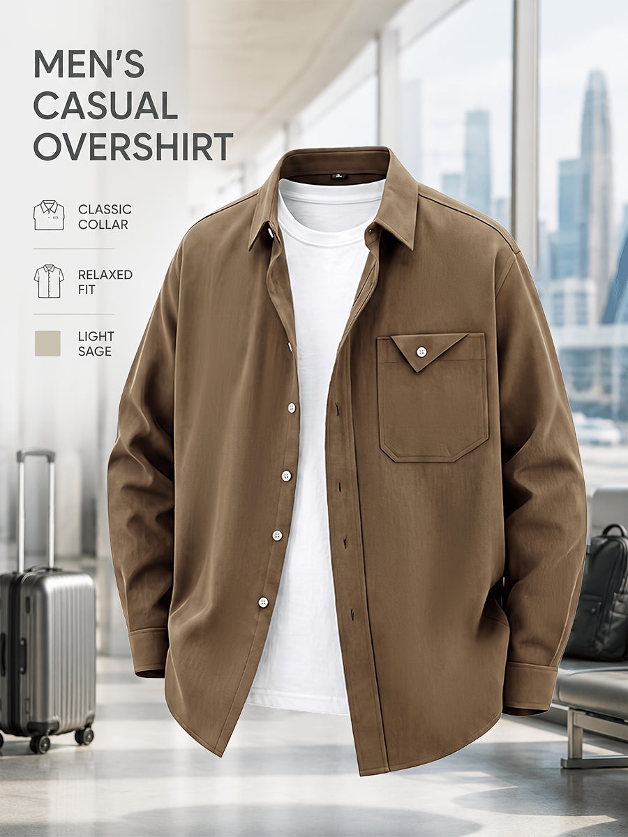Men'S Spring Autumn Casual Long Sleeve Shirt Jacket, Classic Lapel Neat And Stylish, Triangle Pocket Chest Bag for Storage And Texture Detail, Loose Fit Comfortable Unrestricted, Skin-Friendly Stiff Fabric Supports Layering Inside And Out - Coffee Color
