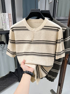 Men's Lightweight Breathable Knit Button-Up Shirt - Old Money Style Striped Half-Placket Stand Collar Short Sleeve Tunic Pullover, Suitable for Business Casual, Layering Base Layer for Spring Summer Outdoor Golf, Running, Daily Wear - Khaki