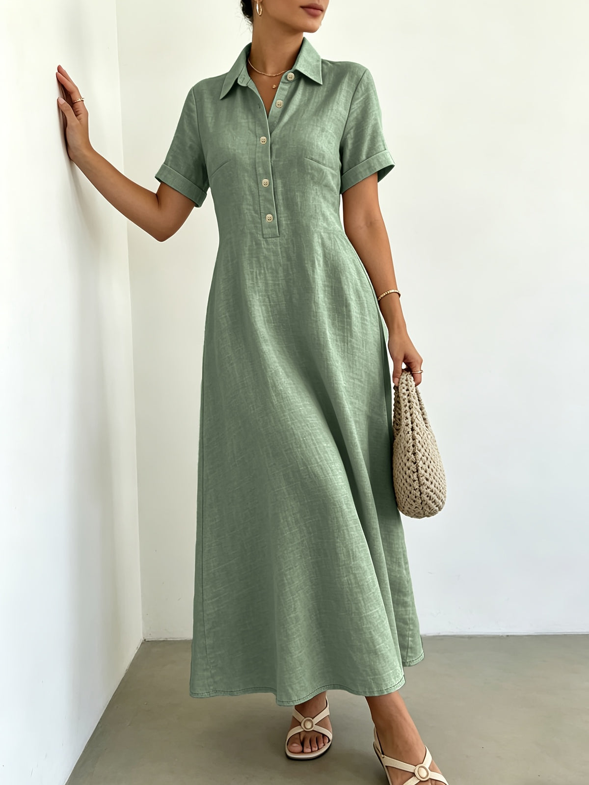 Women's Blended Fabric Shirt Dress with Lapel Collar, Half-Button Short Sleeves, A-Line Midi Length, Summer Casual Light Business Commuter Dress - Green