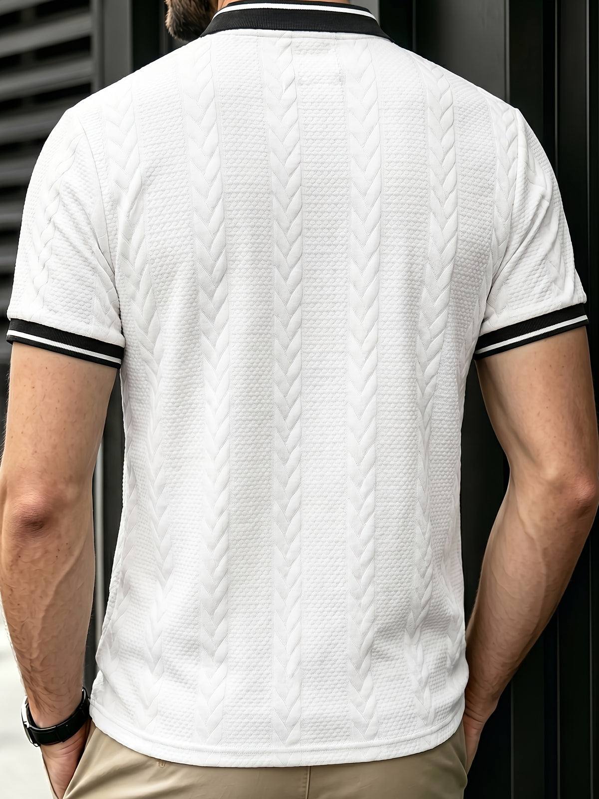 Men'S Cable Texture Short Sleeve Top, Retro Half-Zip Baseball Collar Polo Shirt, Summer Breathable Casual Versatile T-Shirt, Contrast White Trim Baseball Collar with Metal Half-Open Zipper, Suitable for Beach Vacation, Courtyard Leisure - White