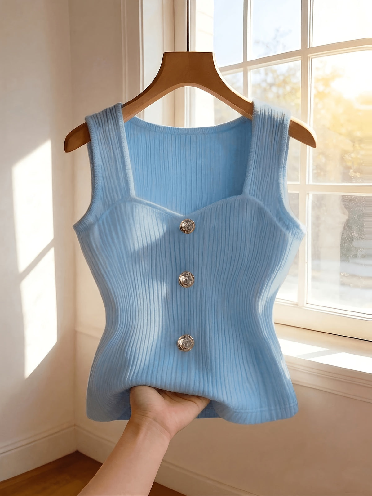 Women's Casual Solid Color Ribbed Tank Top - Sky Blue