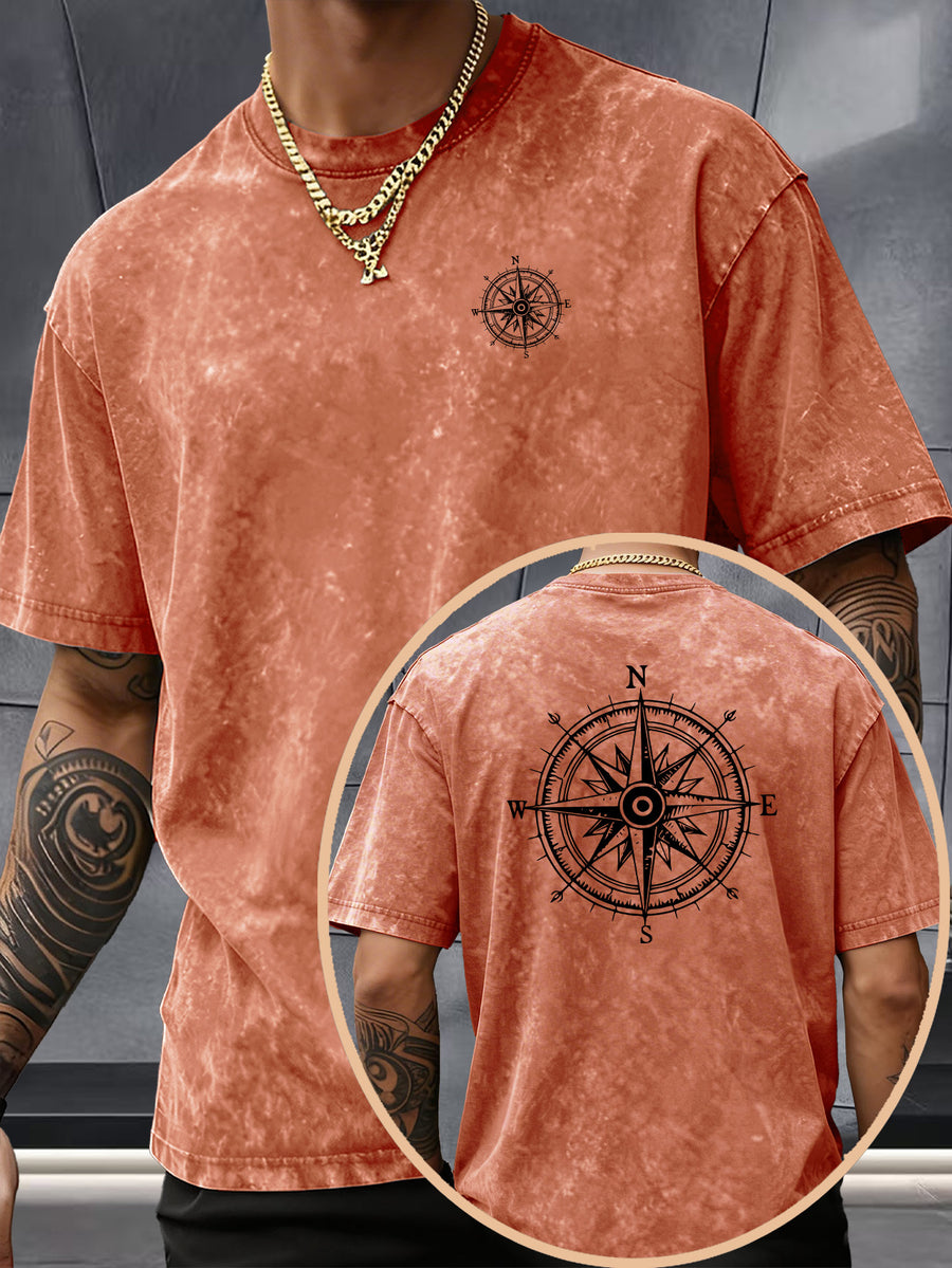 Short Sleeve Top, Washed Distressed Loose Round Neck T-Shirt, Double-Sided Compass And Needle Trendy Print, Casual Styling American Street High Street Hip-Hop Couple Style Daily Outing Commute Statement Sports Fitness All-Match Top - Orange