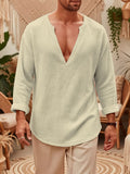 Spring/Autumn Men's Large V-Neck Linen Long Sleeve Shirt, a Versatile and Basic Men's Long Sleeve Top, Featuring a Casual and Comfortable V-neck Design, Suitable for Daily and Casual Wear - Khaki