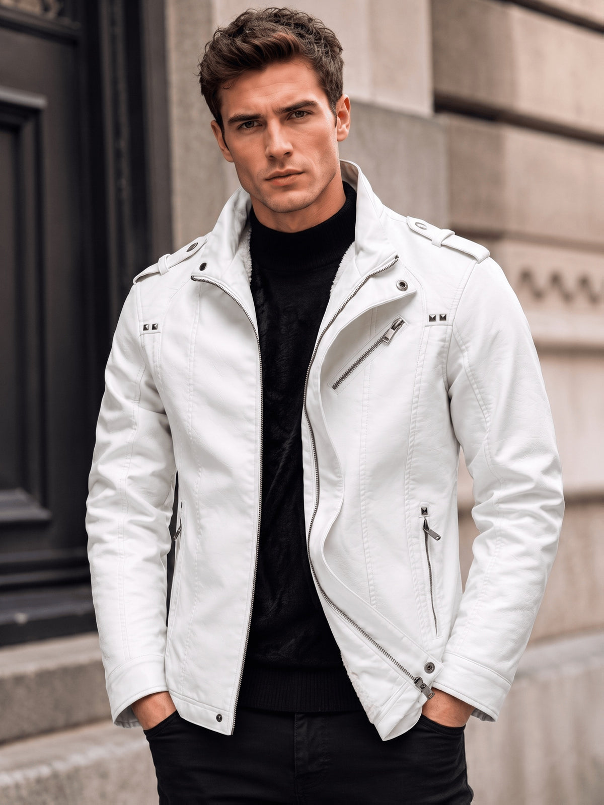 Men's PU PU Leather Biker Jacket with Warm Plush Lining, Stand Collar, Asymmetrical Zip Front, Multiple Zipper Pockets, Shoulder Tabs and Stud Accents for Fall/Winter  Commuting, Travel, Streetwear, Dating and Daily Wear - White