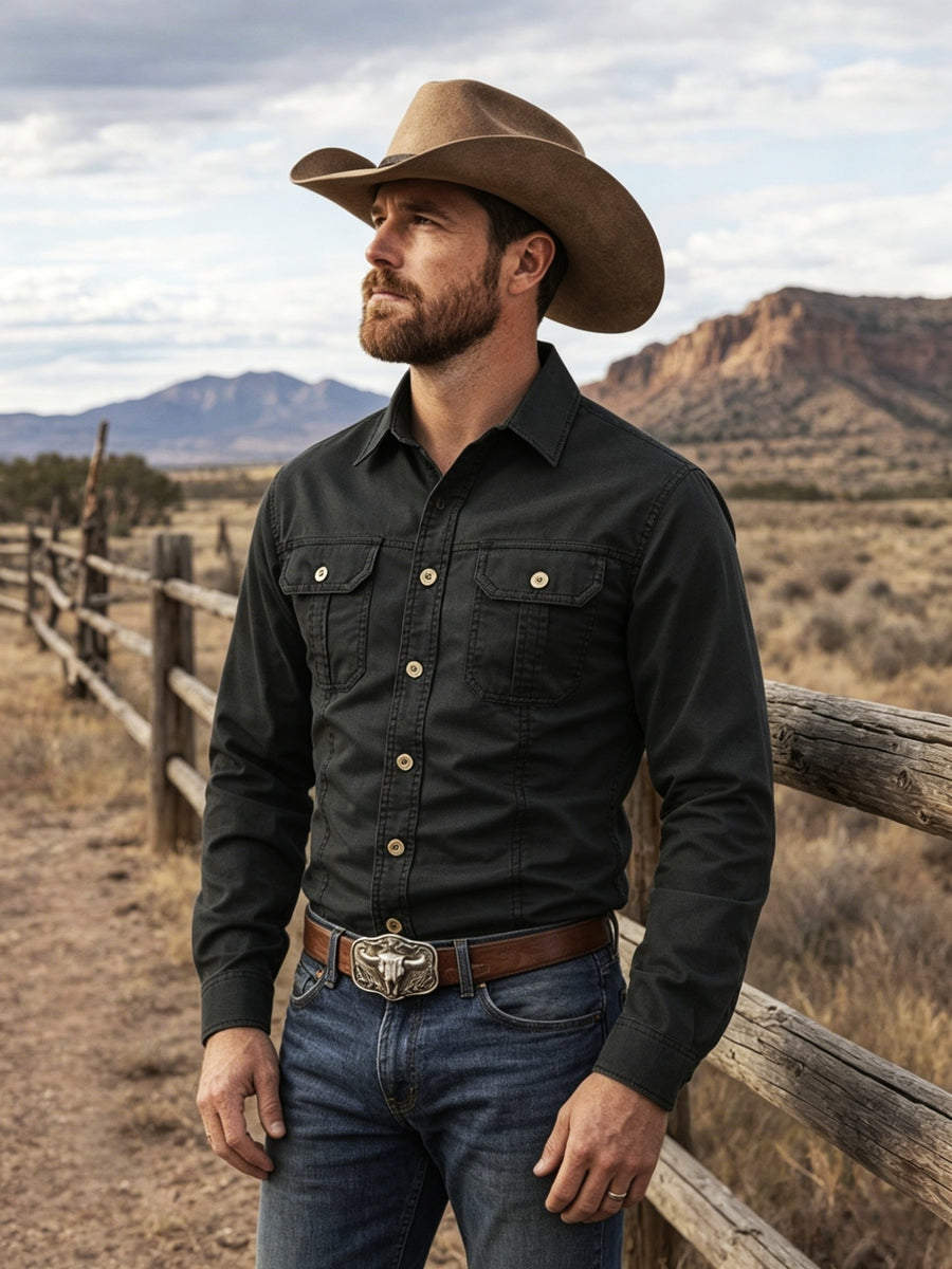 Men'S 3pcs Set of Solid Color Long-Sleeve Work Shirts, Double-Pocket Practical Western Style Shirts, Suitable for Outdoor, Construction Site, Commuting And Various Indoor/Outdoor Scenarios, Autumn Menswear - Black+Gray+Grandma Gray