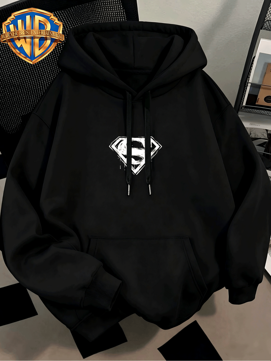 Fashion Hip Hop Print Fashion Brand Casual Versatile Sports Drawstring Pocket Hooded Men'S Sweater, Men'S Autumn And Winter Cute Casual Style, Sports Style Fashion Loose Hoodie, Daily Casual Wear - Black