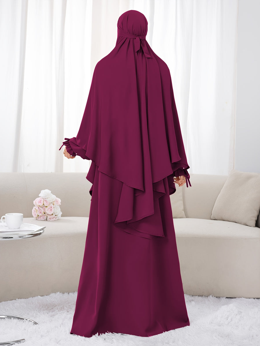 Women's 2pcs Modest Islamic Abaya & Khimar Suit - Elegant Full Coverage Prayer Dress with Headscarf, Pure Color Muslim Dress Suitable for Daily Wear, Hajj, Ramadan, Travel - Abaya Robe for Muslim Women - Deep Red